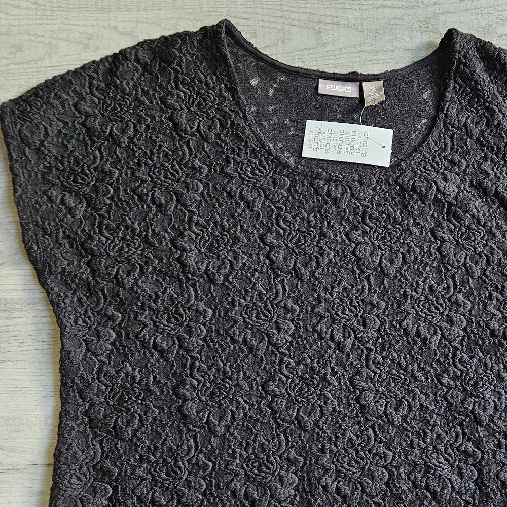 NWT Chico's Textured Black Lace Cap Sleeve Top Size 2 Womens Large - Picture 6 of 15